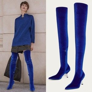 Uterque NEW Electric Blue Velvet Over the Knee OTK Boots